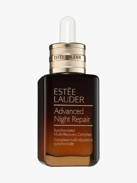 Estée Lauder Advanced Night Repair Synchronized Multi-Recovery Complex brown rectangle serum bottle with gold and white dropper cap on light gray background