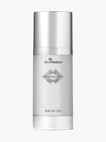 SkinMedica TNS Advanced+ Serum in branded bottle component on a light gray background