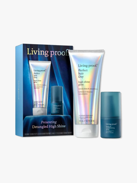 Living Proof High Shine + Protection Gift Set in branded component on a light gray background